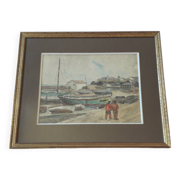 Old painting representing a marine scene by Robert Laroche