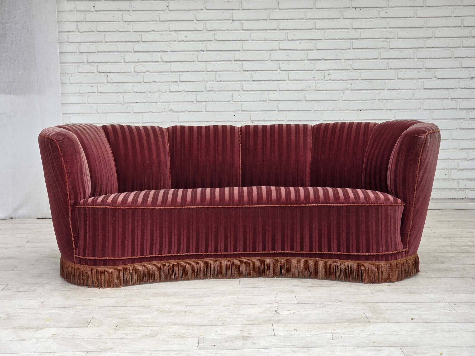 1960s, Danish 2-seater "Banan" sofa, furniture velour, oak wood.
