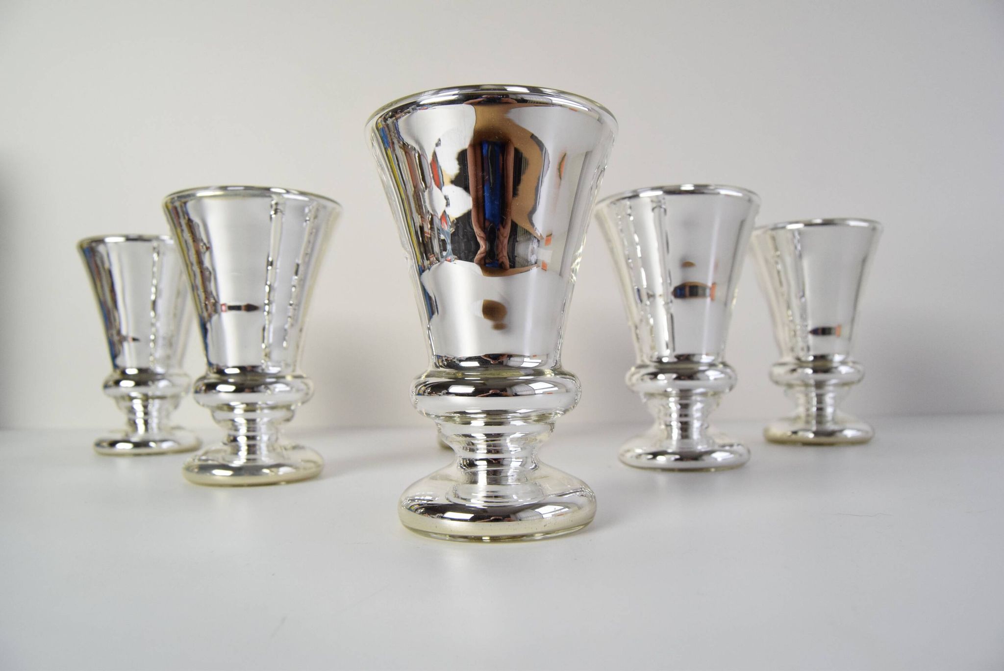 Set of six Amalgam Glass Goblets, Biedermeier, Peasant Silver, Circa 1860's.