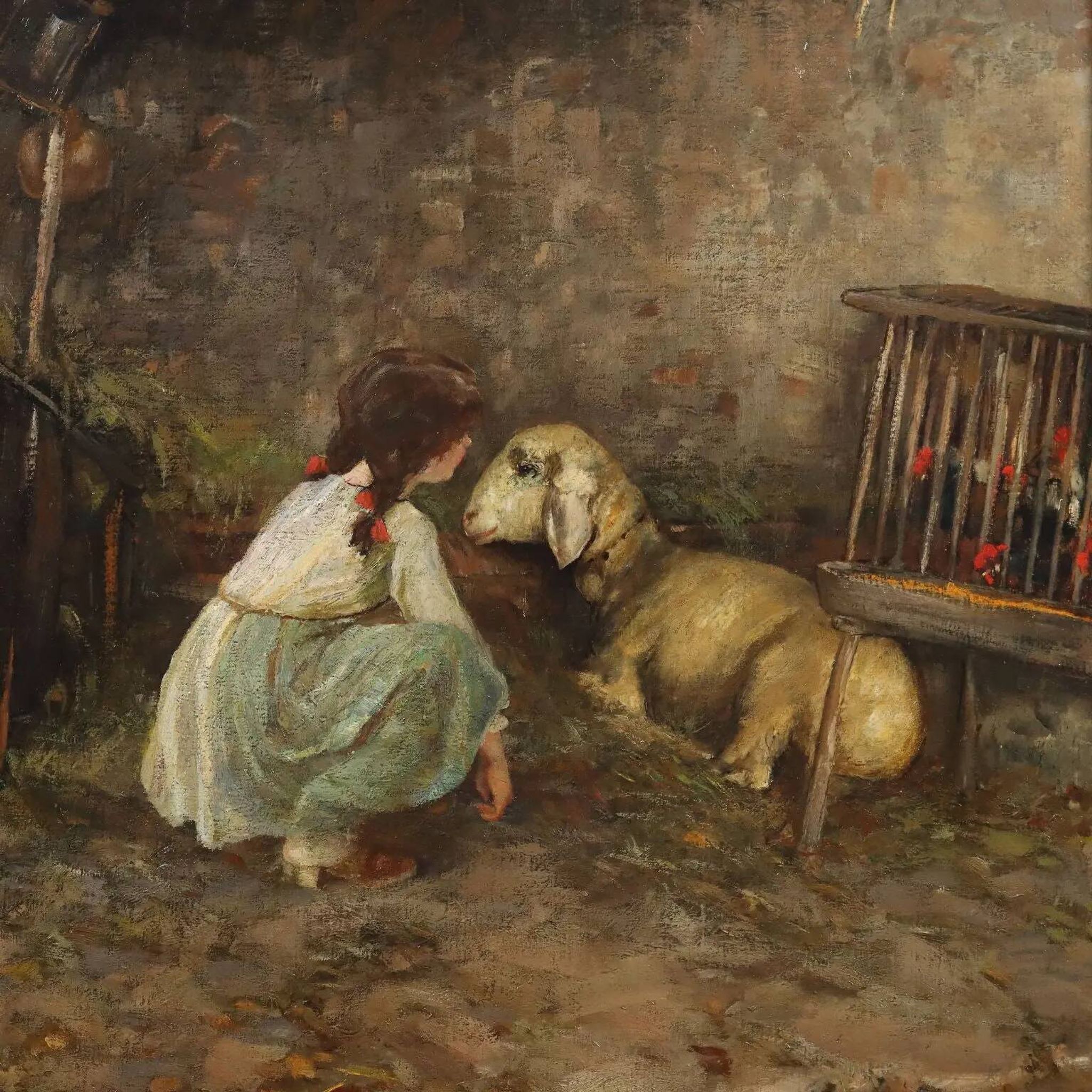 Modern painting signed Cesare Laurenti "The Little Girl and the Sheep"
