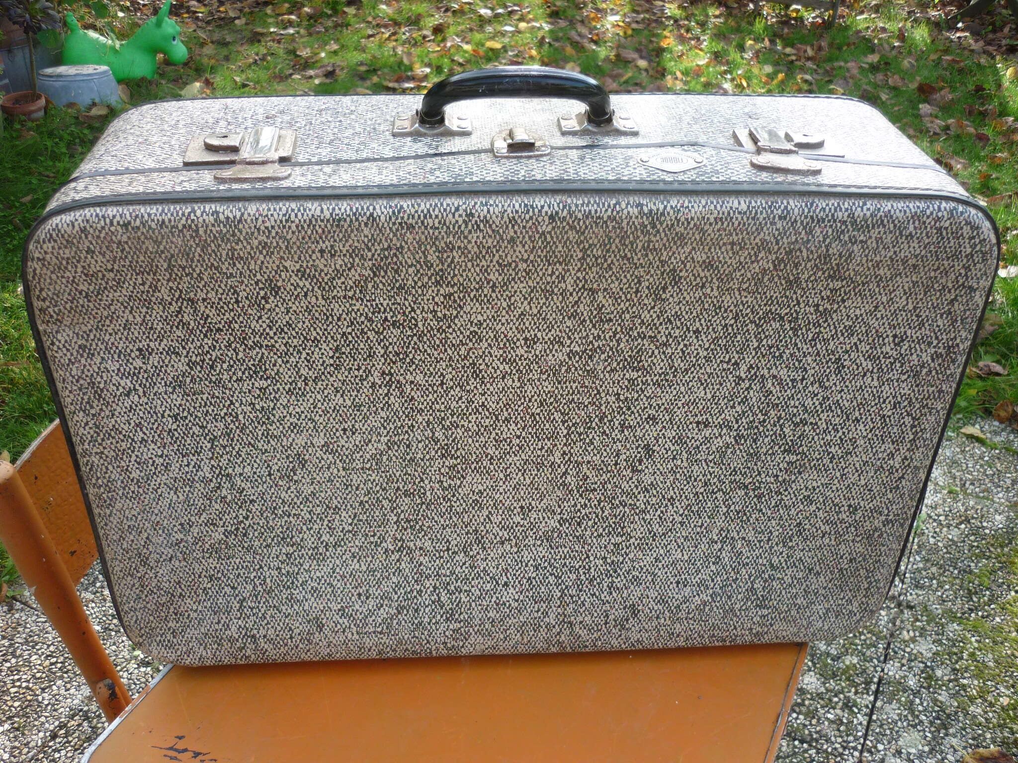 Antique black and white fibroc suitcase