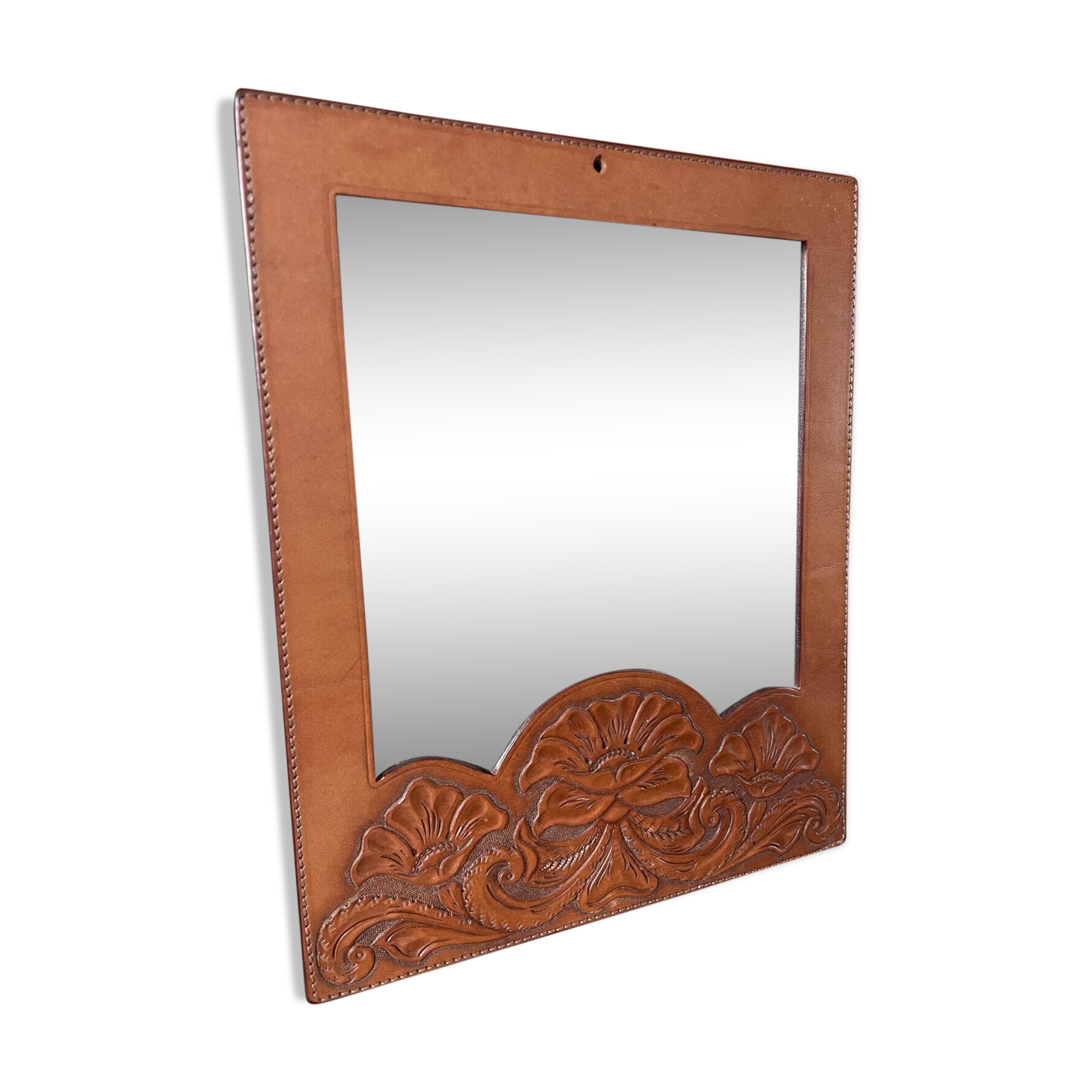 Brown embossed leather mirror