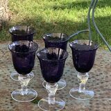 Set of 5 wine glasses in blown and bubbled glass, duo line, biot glassware style, unsigned,
