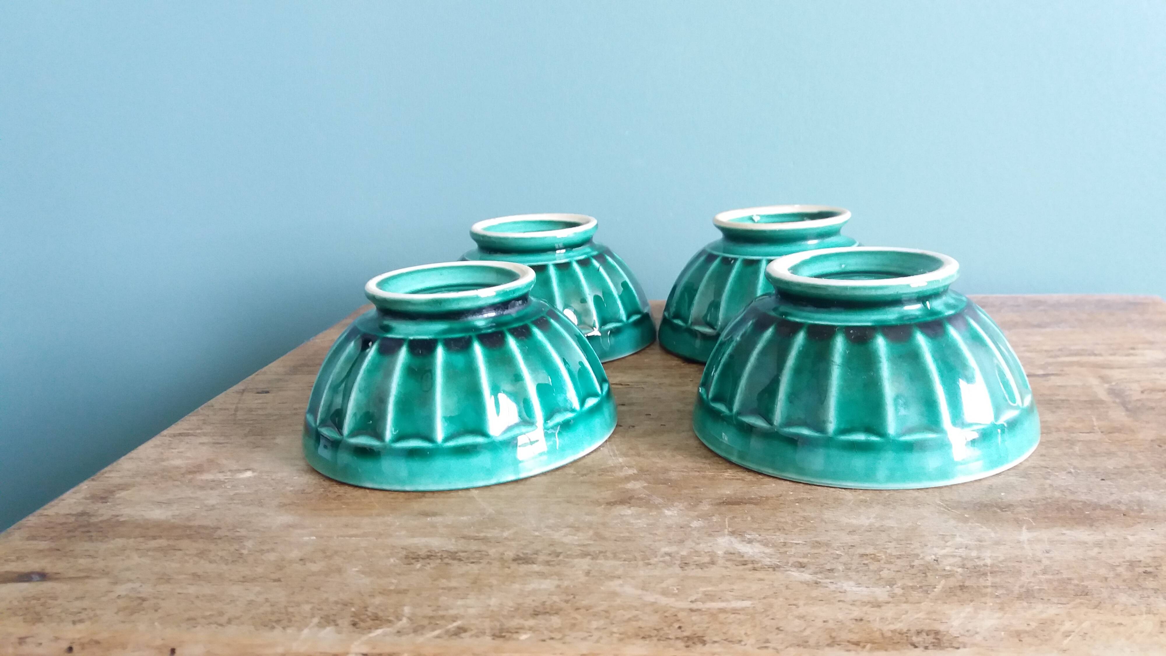 Emerald green glazed ceramic ribbed bowls