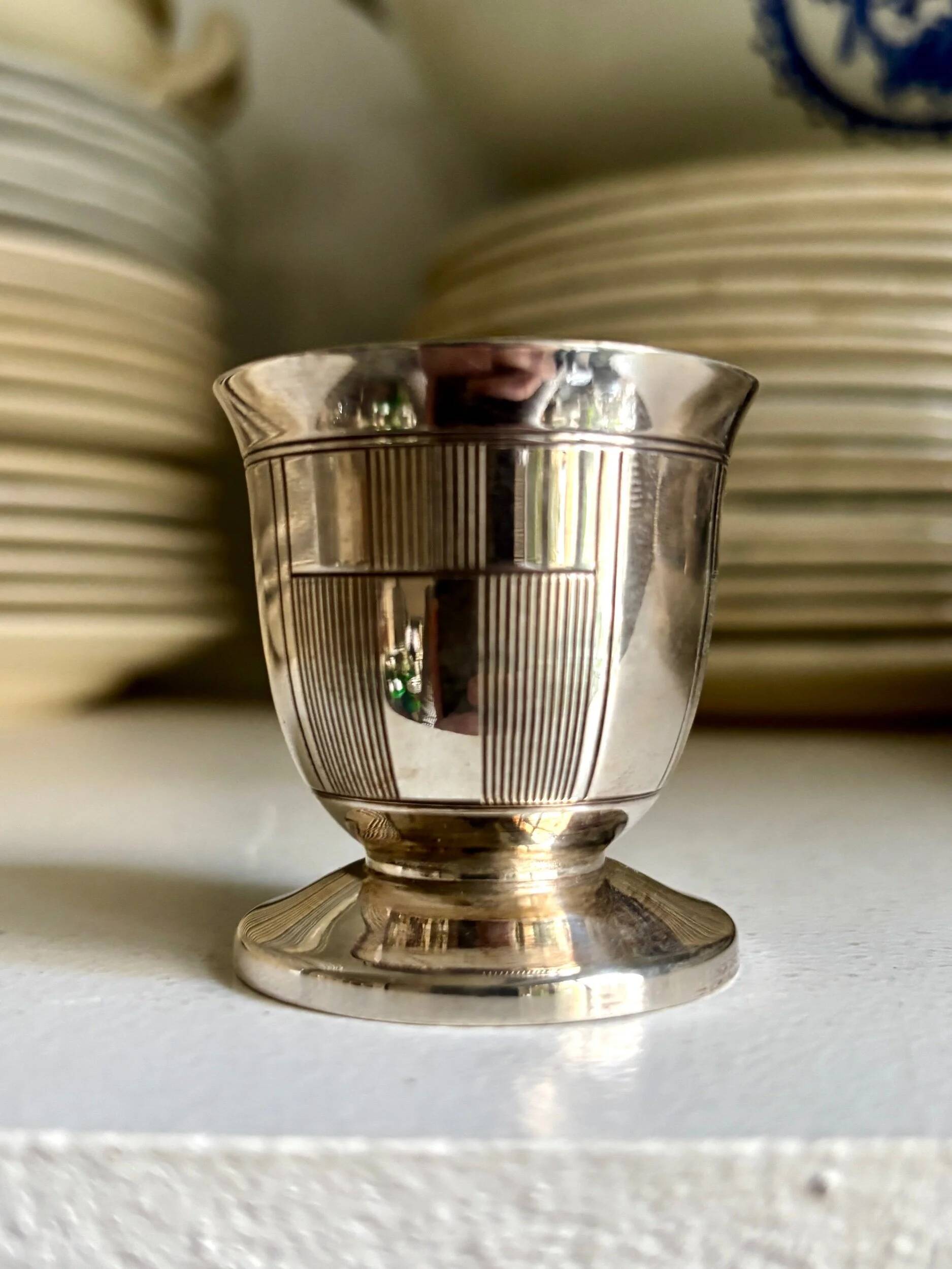 Silver-plated metal egg cup, Art Deco design