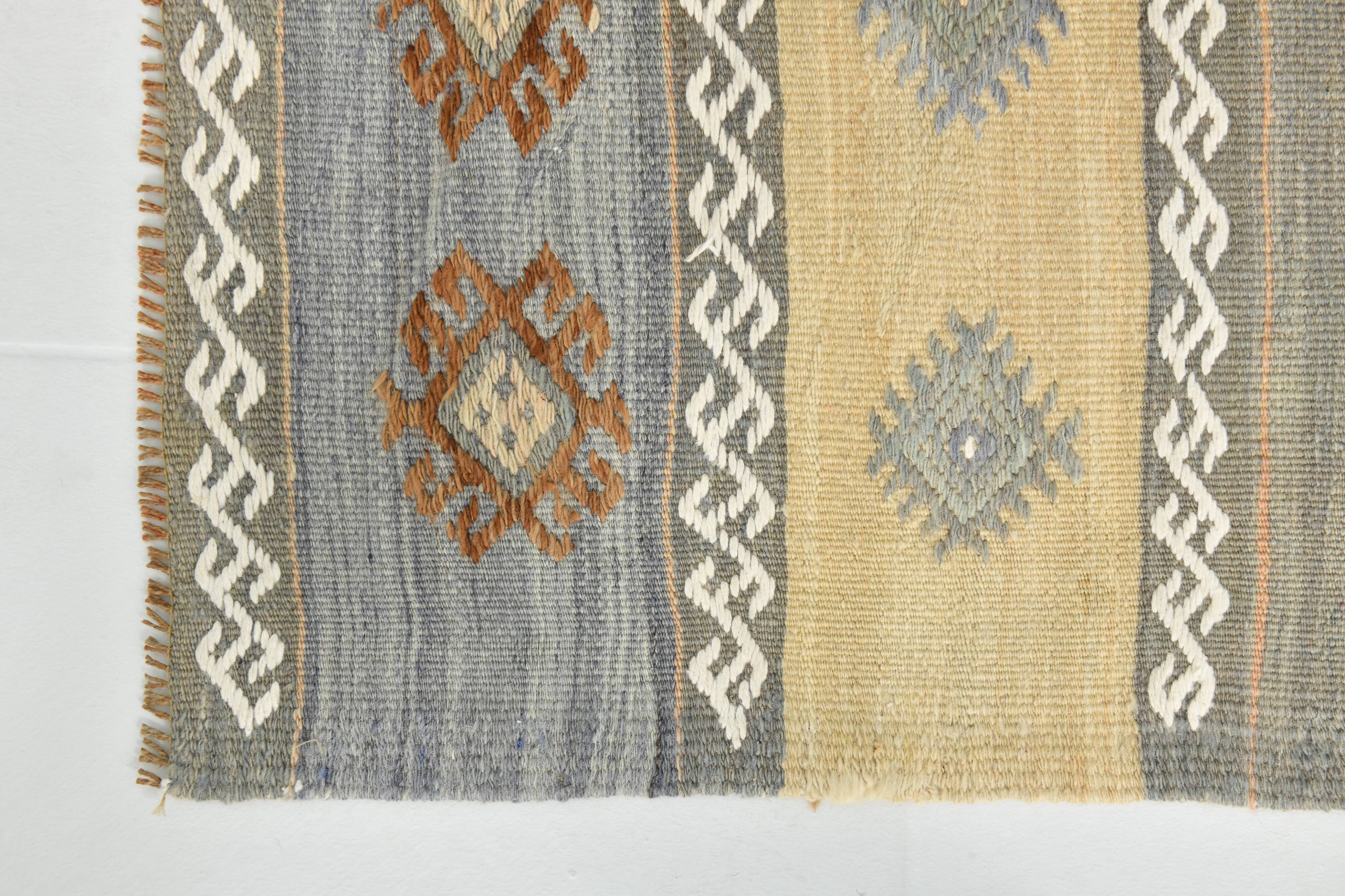 Tapis Kilim vert et crème 2x6, 63x180 cm