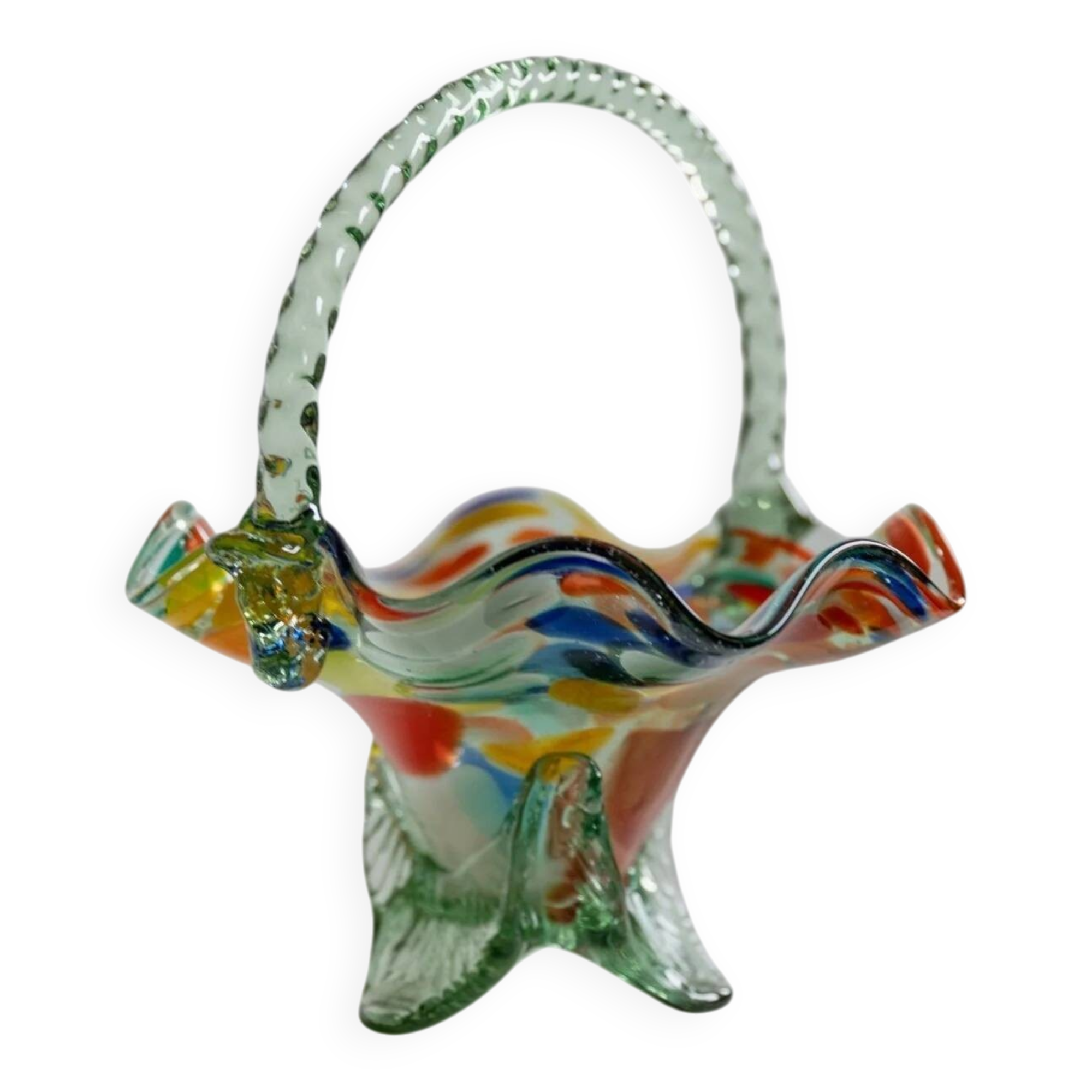 Multicolor Murano Glass Handle Bowl with Polka Dots, Ruffled Rim – 1970s Italian Mid-Century