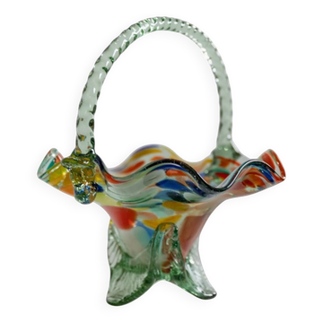 Bol à poignée en verre de Murano multicolore avec des pois, bord ondulé – années 1970, style italien du milieu du siècle