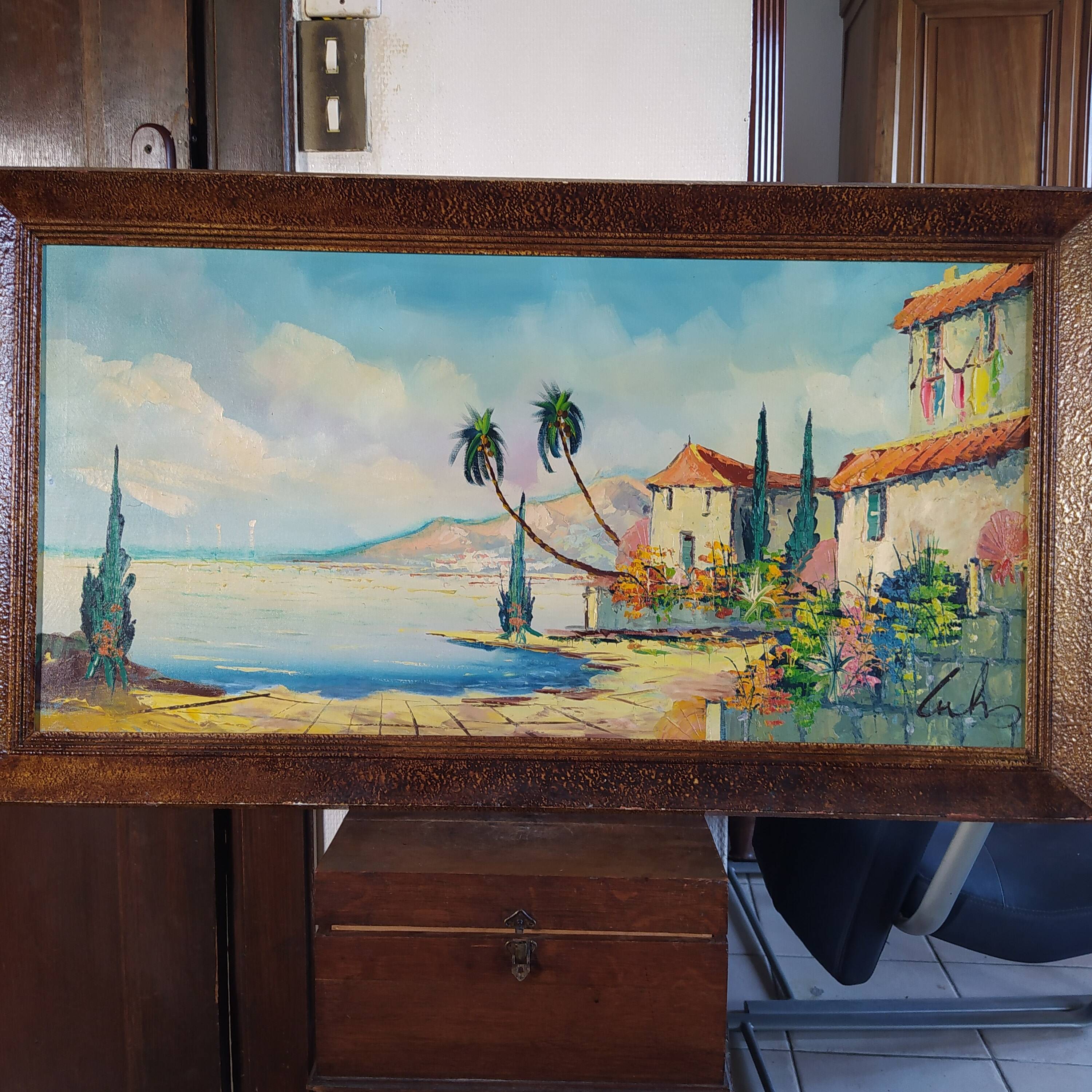 huile sur toile 1950 signée Lutz paysage côtier