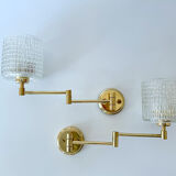 Pair of vintage scandinavian wall lamps 60 years white brass opaline