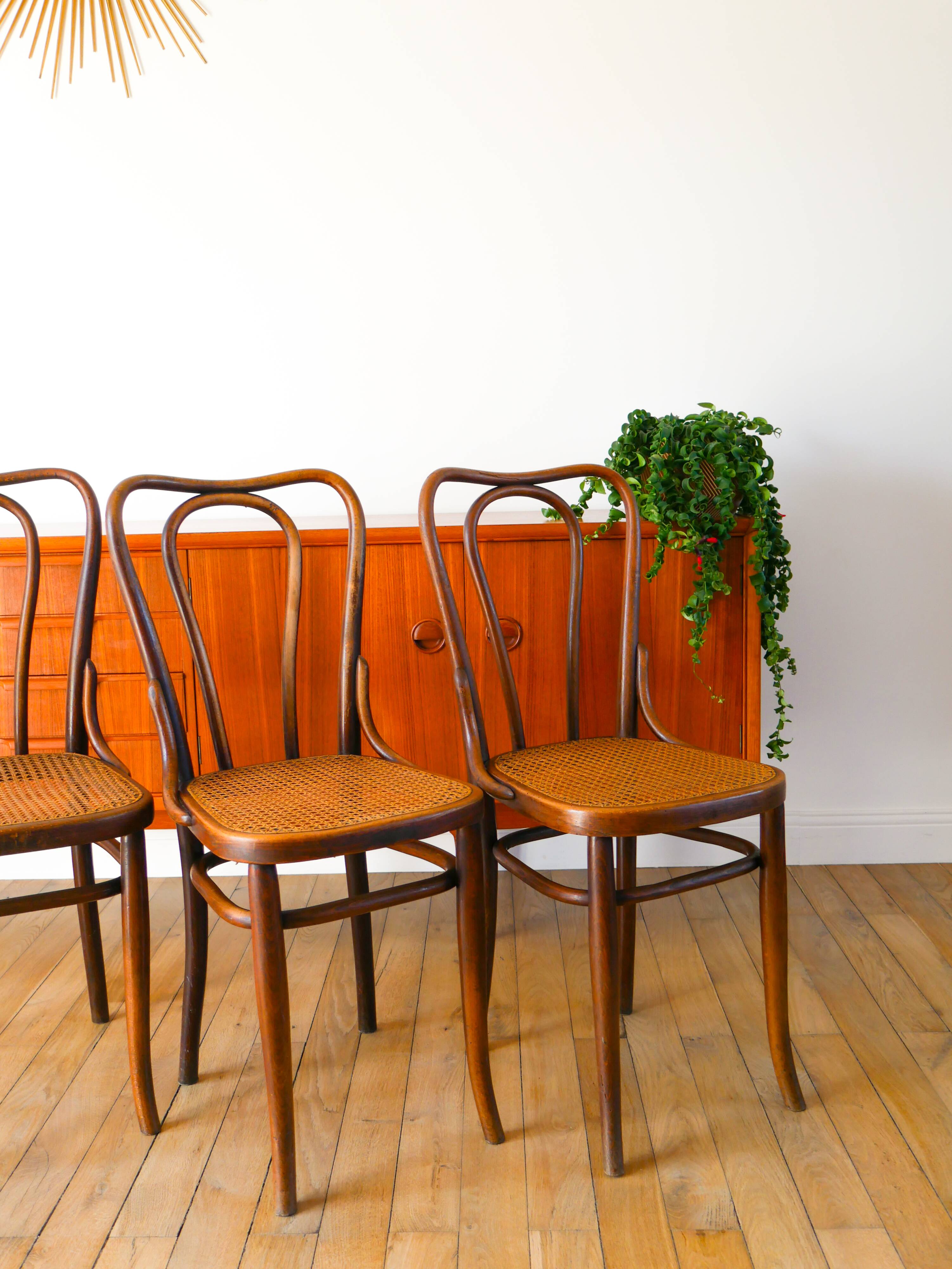 Set of 3 bistro chairs in wood and canework signed J. Kohn, Made in Austria, 20th century