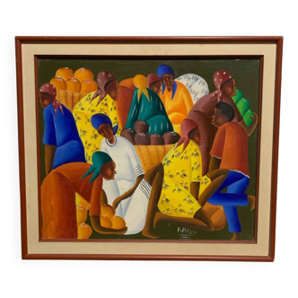 Oil on canvas - Haiti - market scene - signed