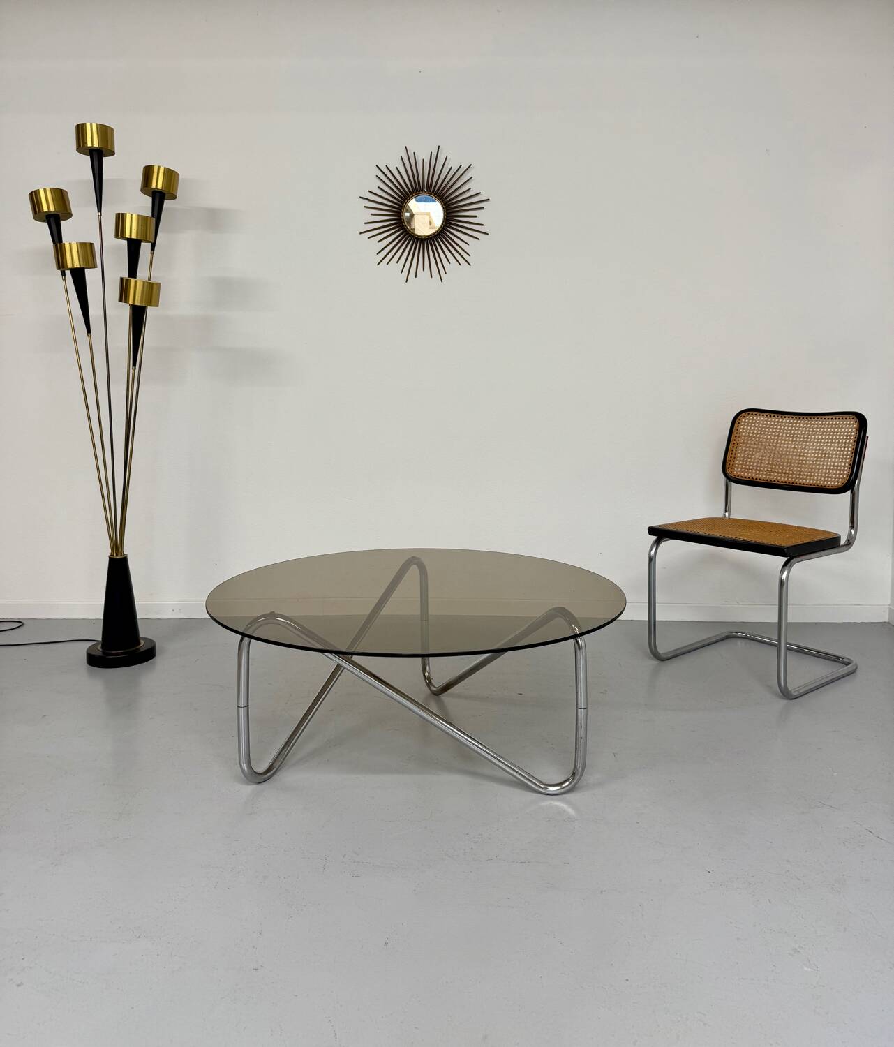 Tubular coffee table and smoked glass, French design, vintage 60s