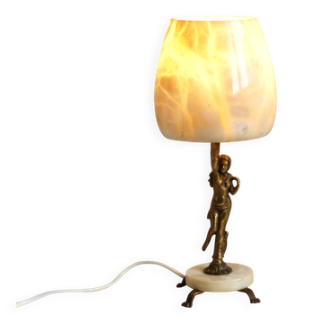 Lampe albâtre et laiton, décor de maison luminaire avec abat-jour albâtre.
