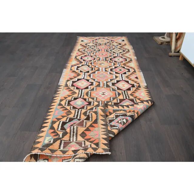 1970s Turkish Oushak Handmade Wool Cotton Orange Runner Rug 103x325