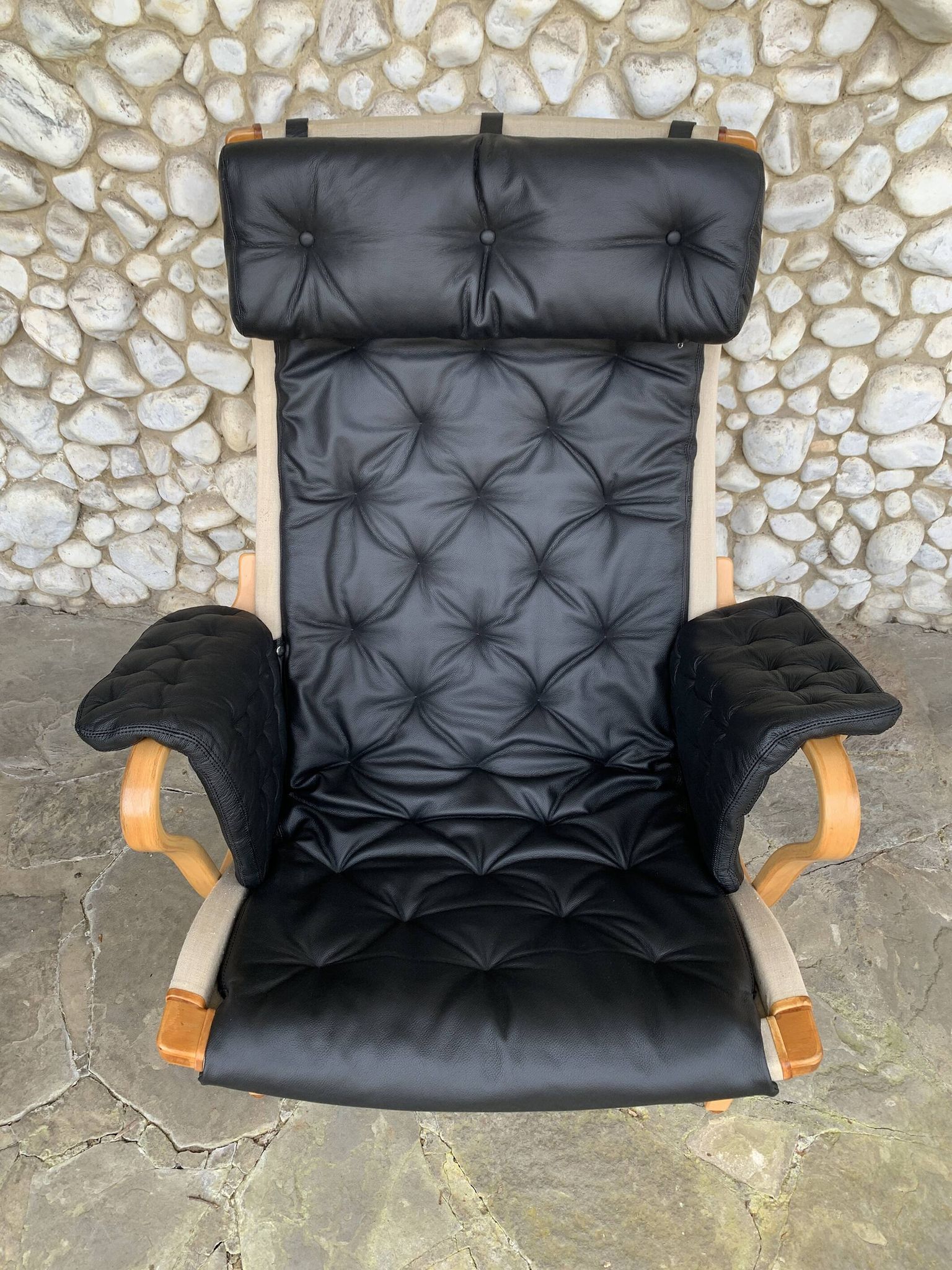 Pernilla armchair new black leather by Bruno Mathsson, Dux, Sweden 1970