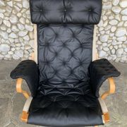 Pernilla armchair new black leather by Bruno Mathsson, Dux, Sweden 1970