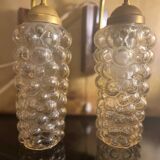 Set of 2 vintage wall lights, Danish teak, brass and bubble glass, Helena Tynell style, 1960s.