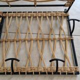 Designer coat rack in rattan and metal with 5 hooks and mirror - Raoul Guys style