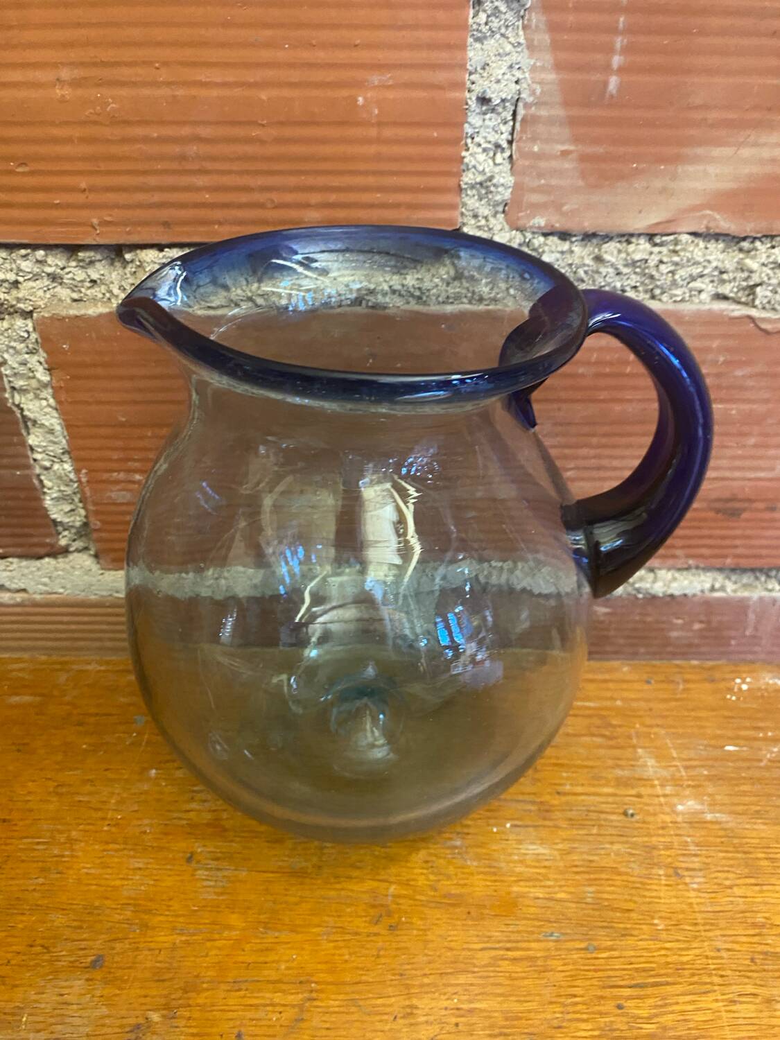 Antique Blown Bubble Glass Pitcher Transparent & Cobalt Blue 2L Vintage