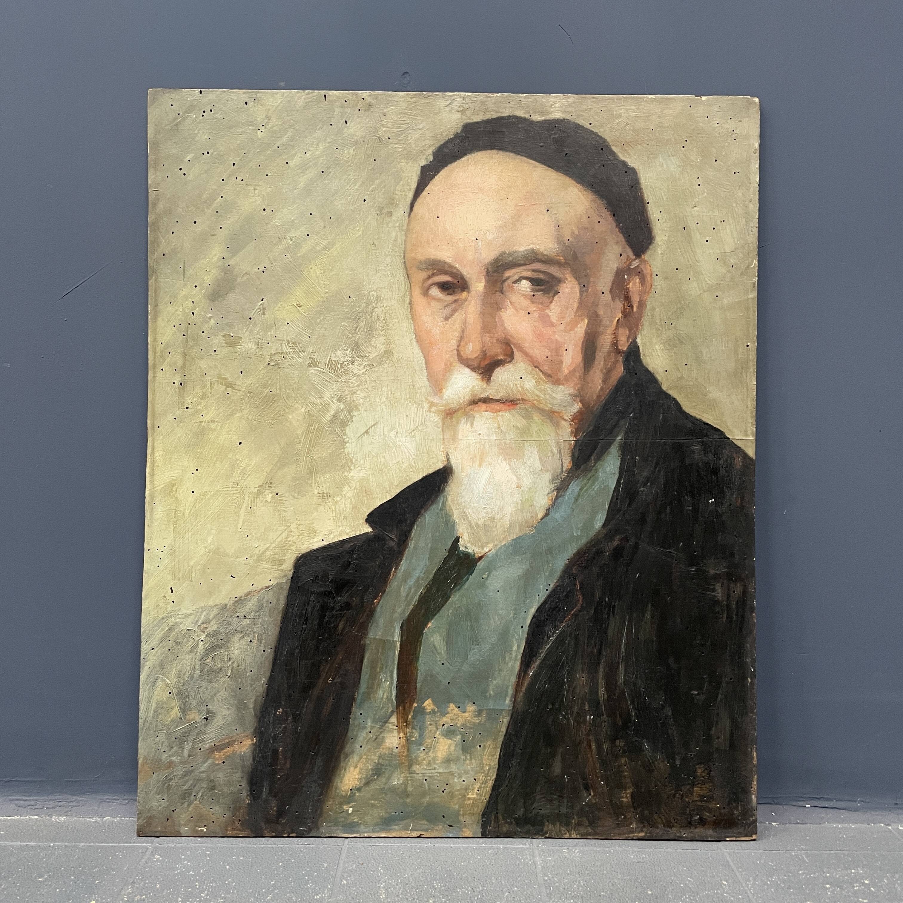 Old portrait of man painted on wooden panel