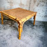 VINTAGE BAMBOO SQUARE COFFEE TABLE / COFFEE TABLE WITH RATTAN