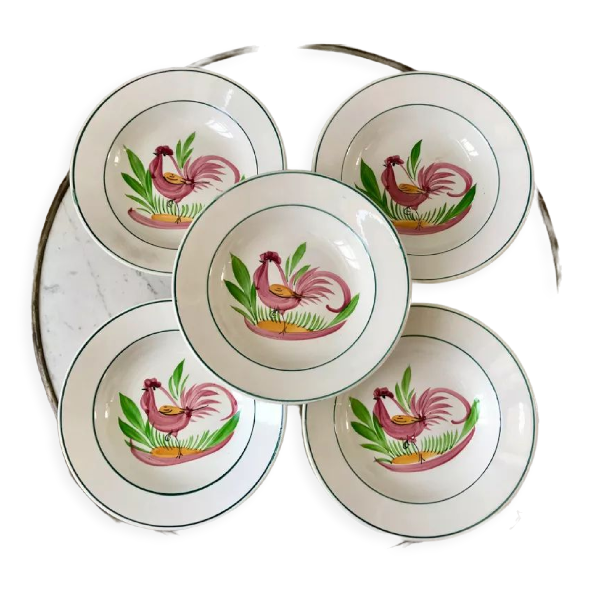 Lot of 5 hollow plates digoin sarreguemines model "rooster" years 40-50
