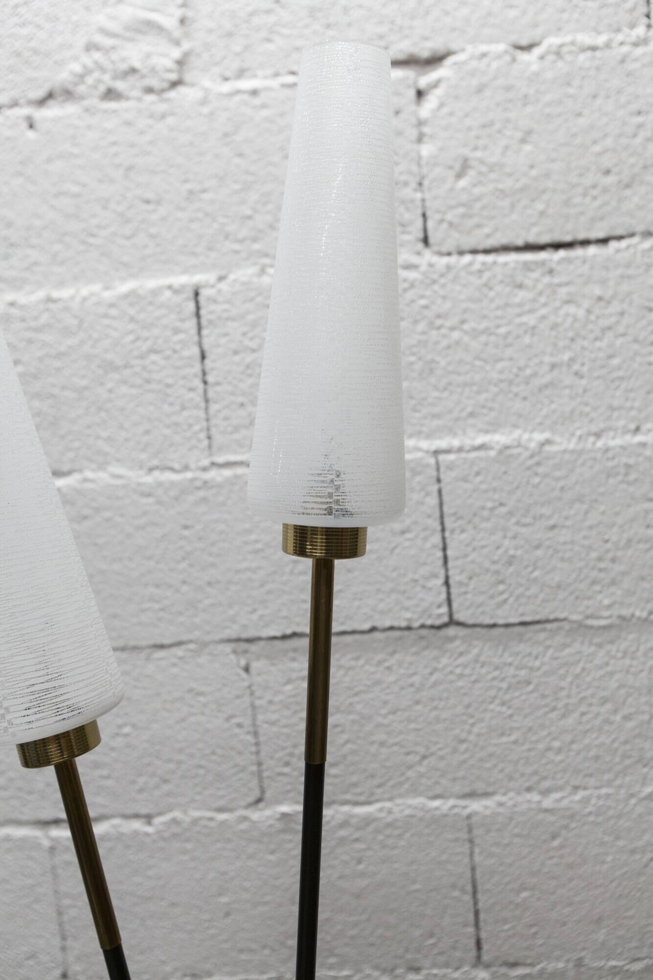 Arlus floor lamp with tripod base and 2 ribbed glass lamps 1950