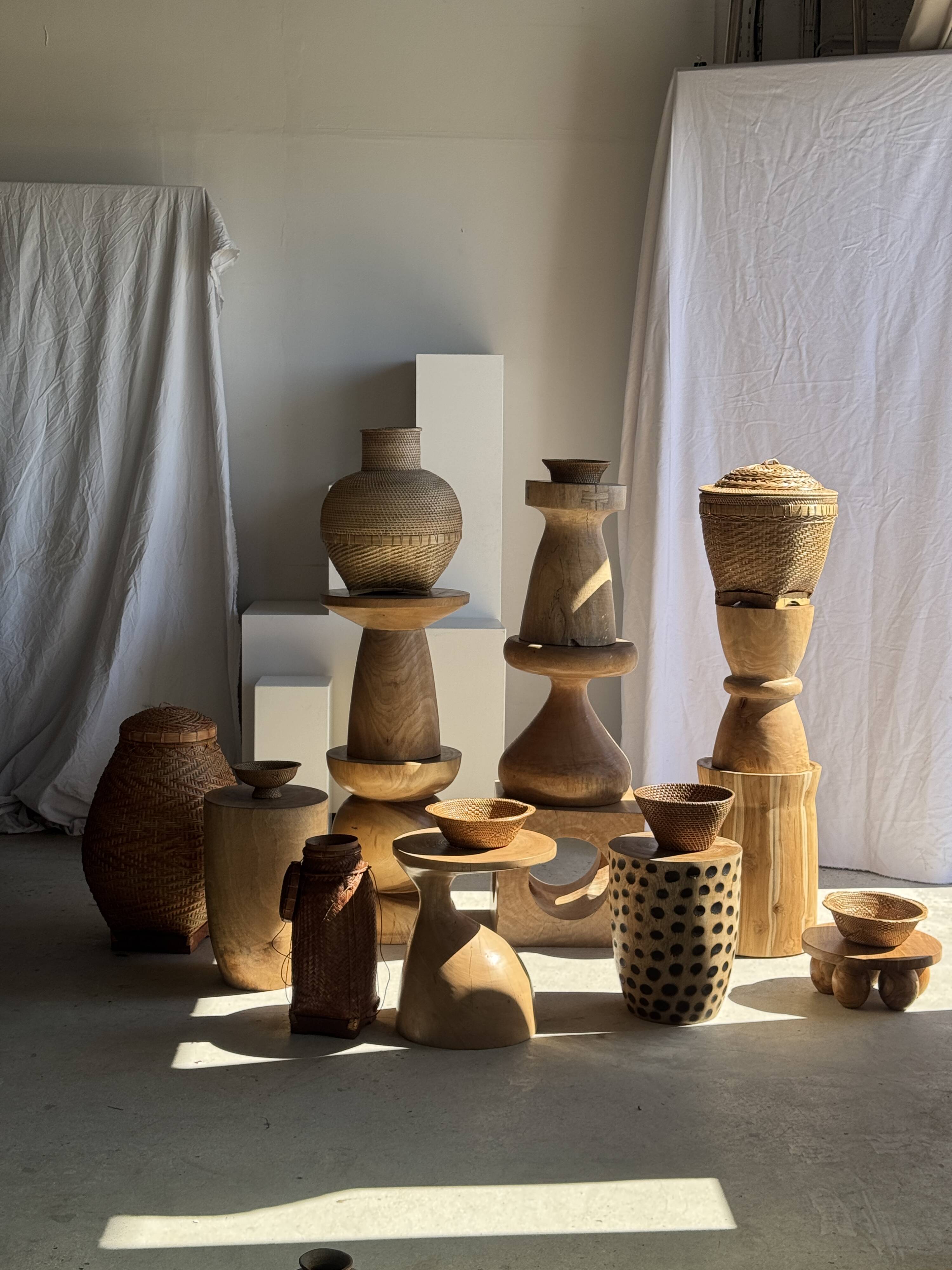 Stool, side table, cylindrical solid mango wood end table.