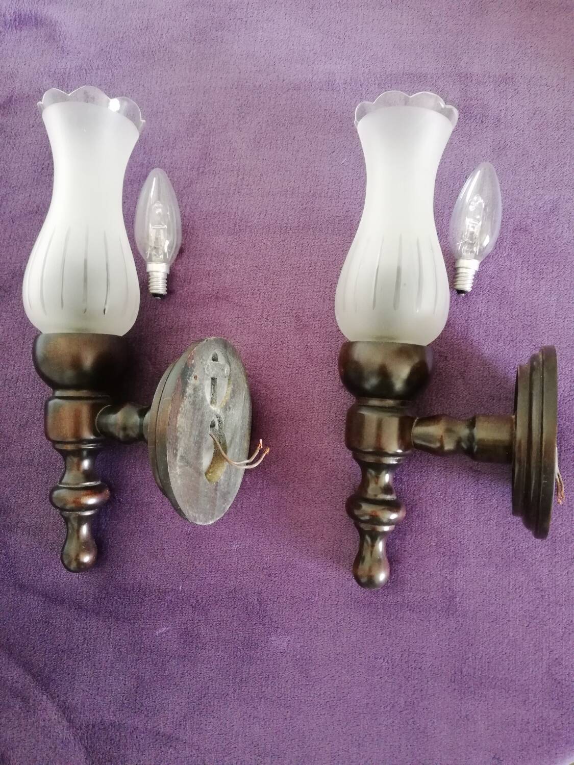 Set of wooden and frosted glass wall lights