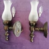 Set of wooden and frosted glass wall lights