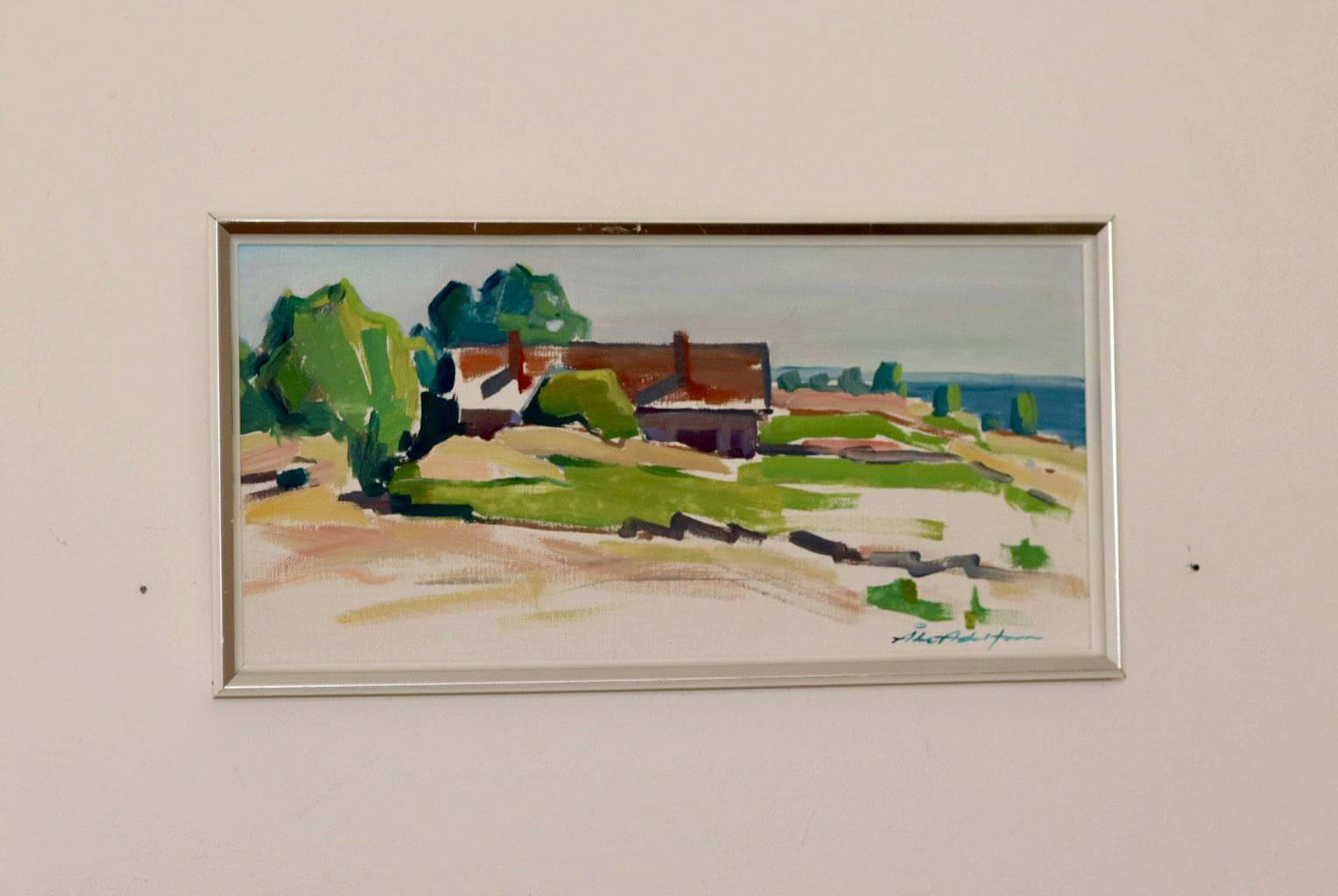 Oil painting on Swedish panel from the mid-century "House by the Sea in Öland" by Åke Adolfsson
