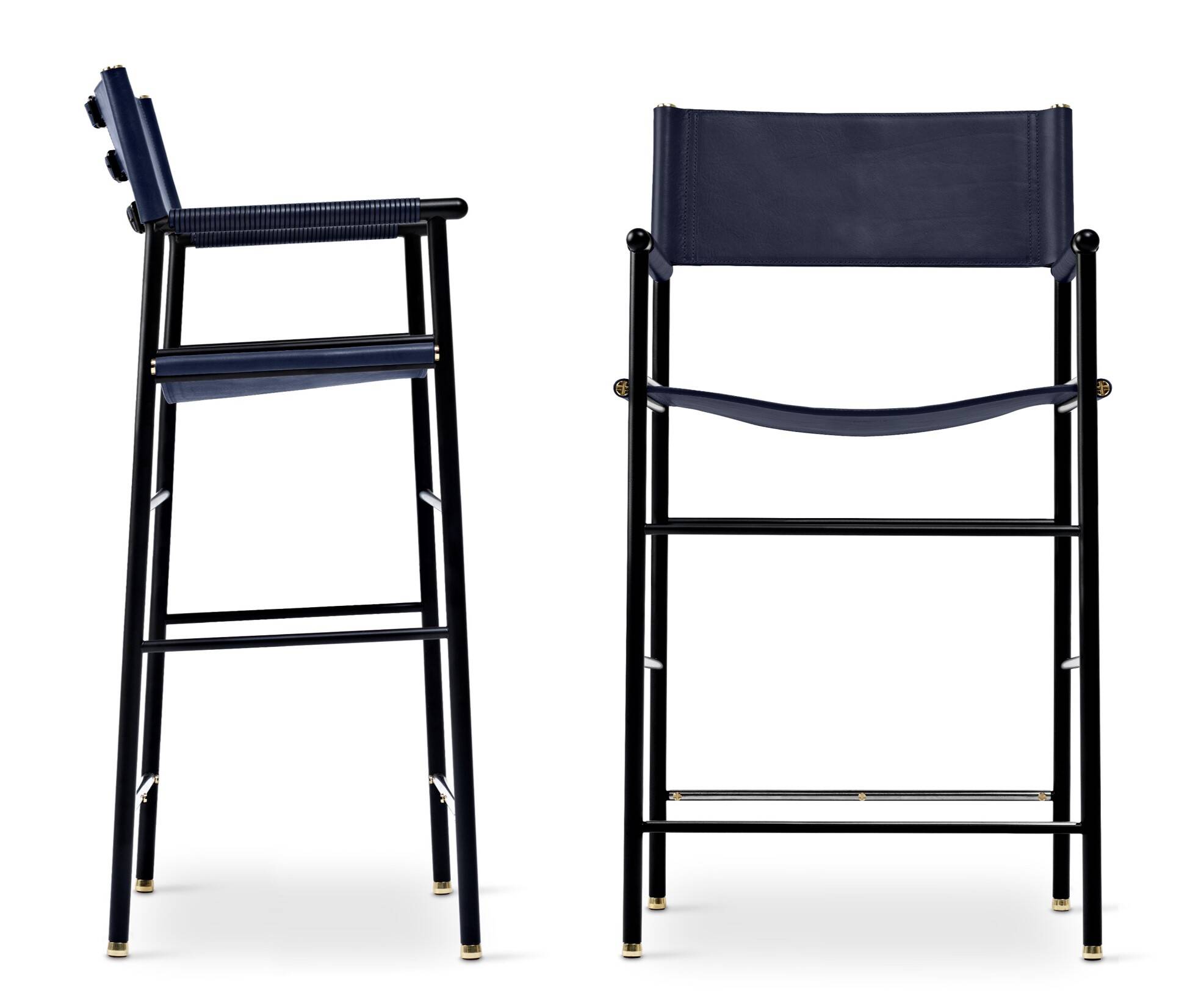 Pair of bar stools with navy blue backrest and metal frame.