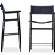 Pair of bar stools with navy blue backrest and metal frame.