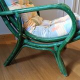 Large vintage green bamboo rattan armchair from Gâtinais with cushion