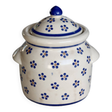 Vintage beige earthenware candy box - Hand-painted blue floral decoration