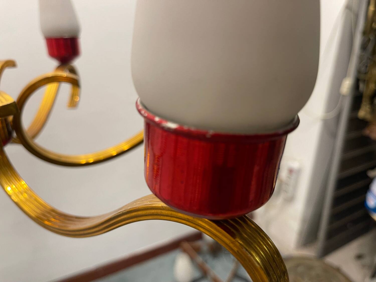 Vintage Opaline Glass Brass Chandelier 1950’s