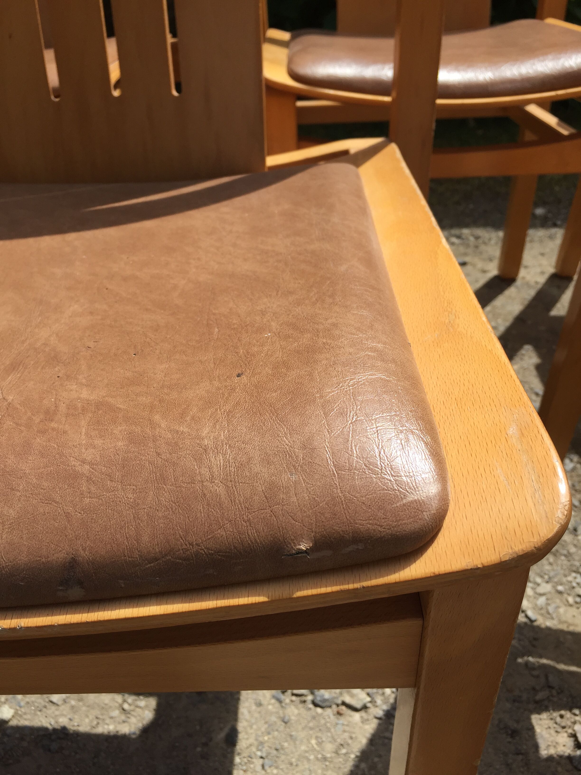 Vintage Baumann chairs in beech, seats in beige brown Skaï, series of 6.