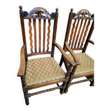 Lot suite de 4 chaises et 2 fauteuils en chêne sculpté, pieds en bobine, années 1900