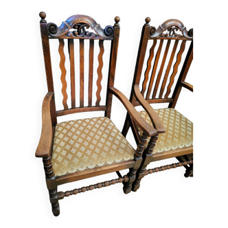 Lot suite de 4 chaises et 2 fauteuils en chêne sculpté, pieds en bobine, années 1900