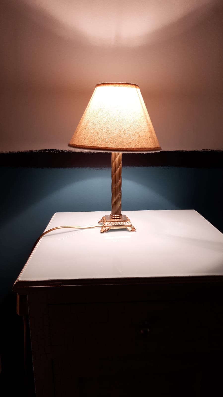 Brass table lamp and linen lampshade 50s