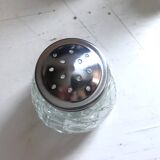 4-piece salt shaker, pepper and mustard set with spoon in stainless steel basket