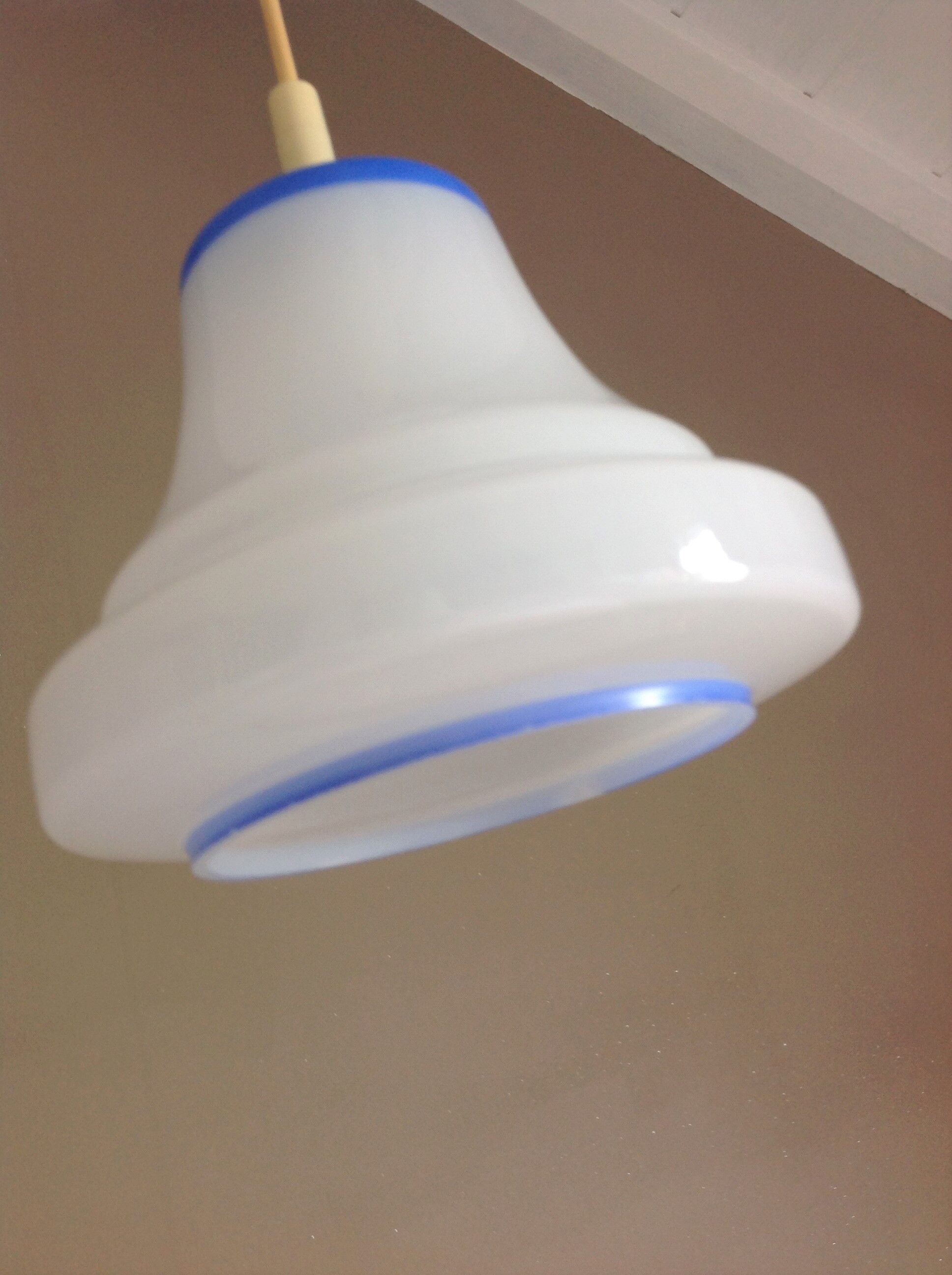 Bell hanging lamp in white and blue opaline 60s