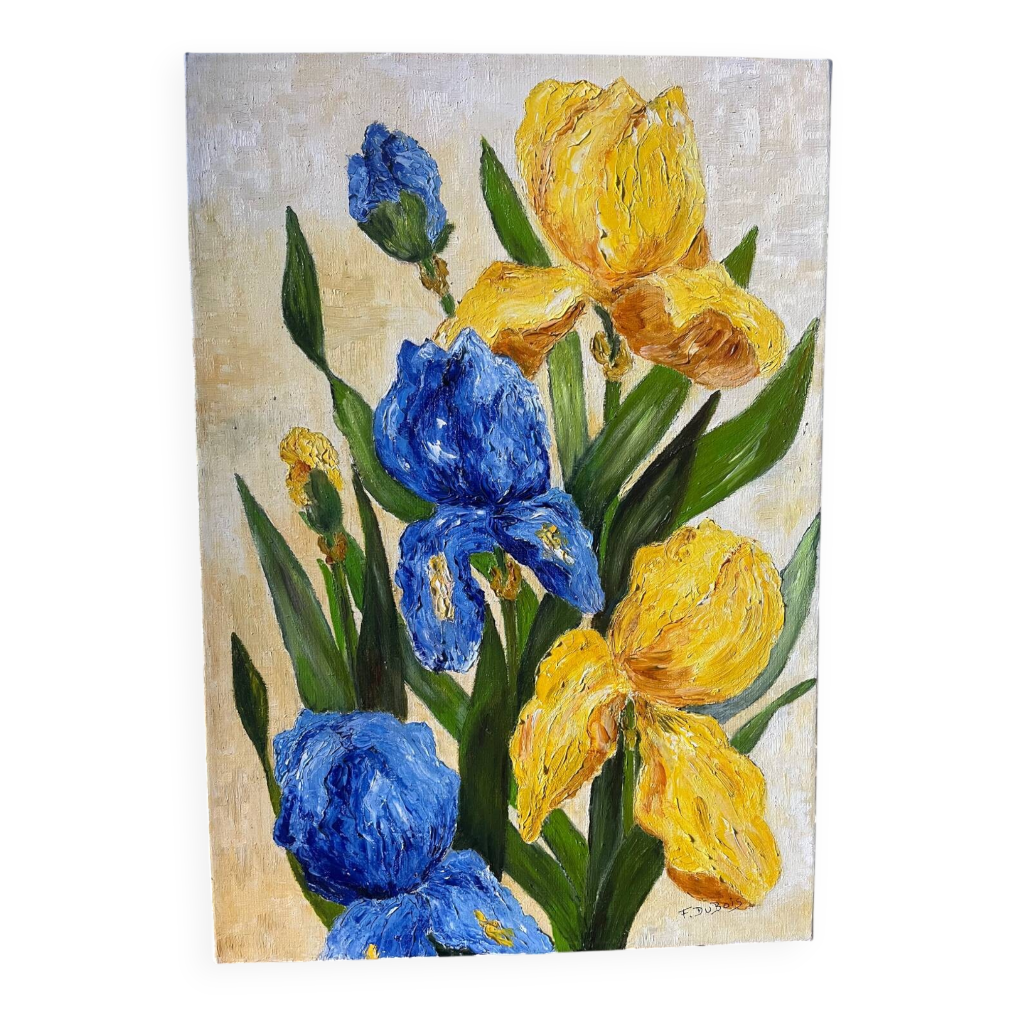 Blue and yellow irises, signed