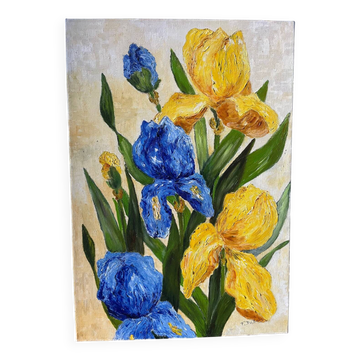 Iris bleus et jaunes, signé
