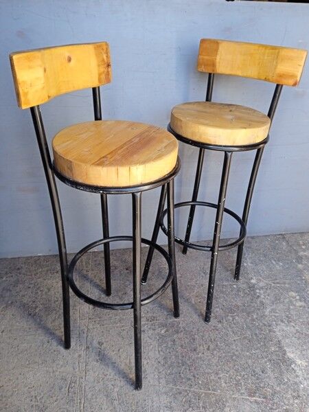 Pair 2 high bar stools wood and metal
