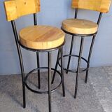 Pair 2 high bar stools wood and metal