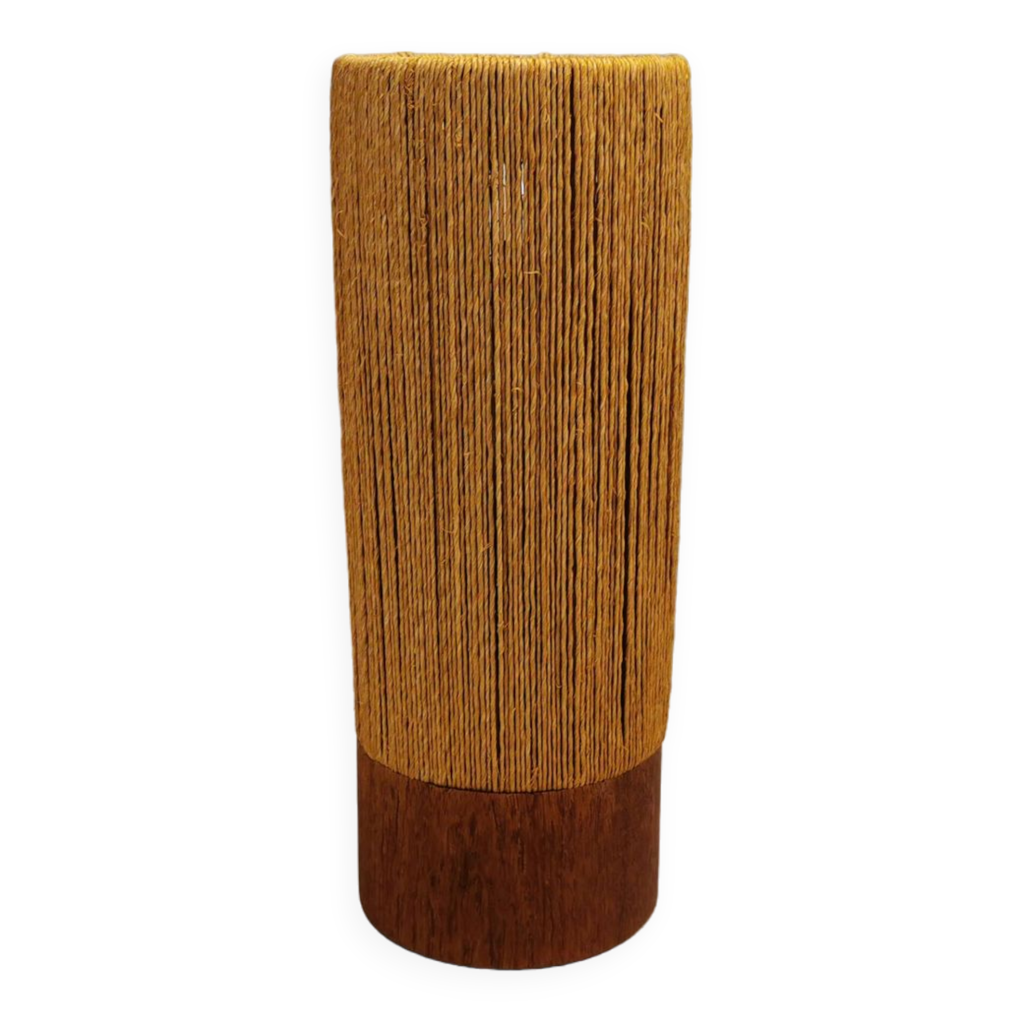 Beautiful cylindrical table lamp in wood and sisal, estimated 1960s-1970s