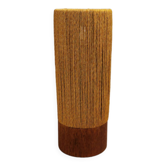 Beautiful cylindrical table lamp in wood and sisal, estimated 1960s-1970s