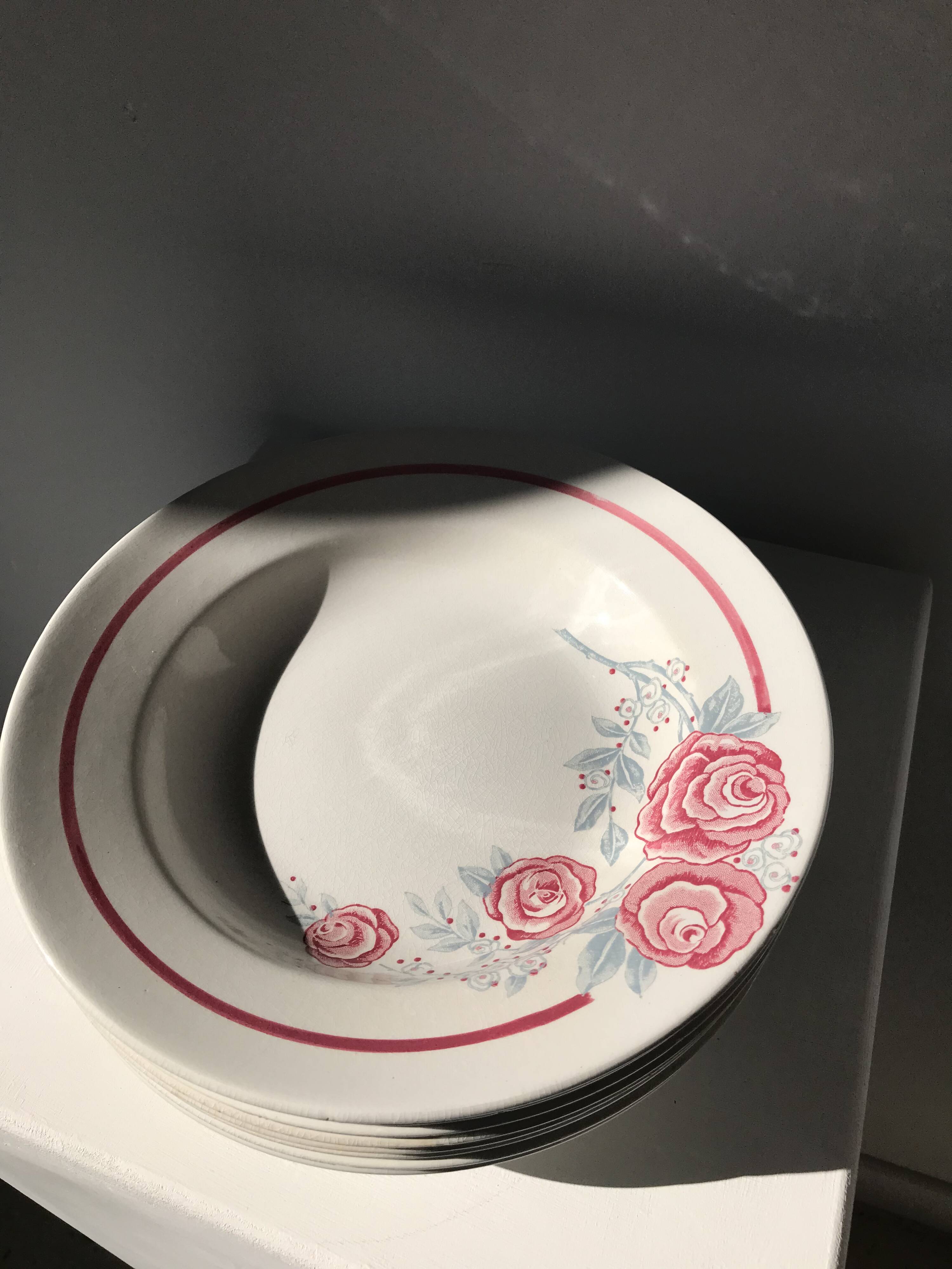 8 vintage Avranches earthenware plates decorated with roses